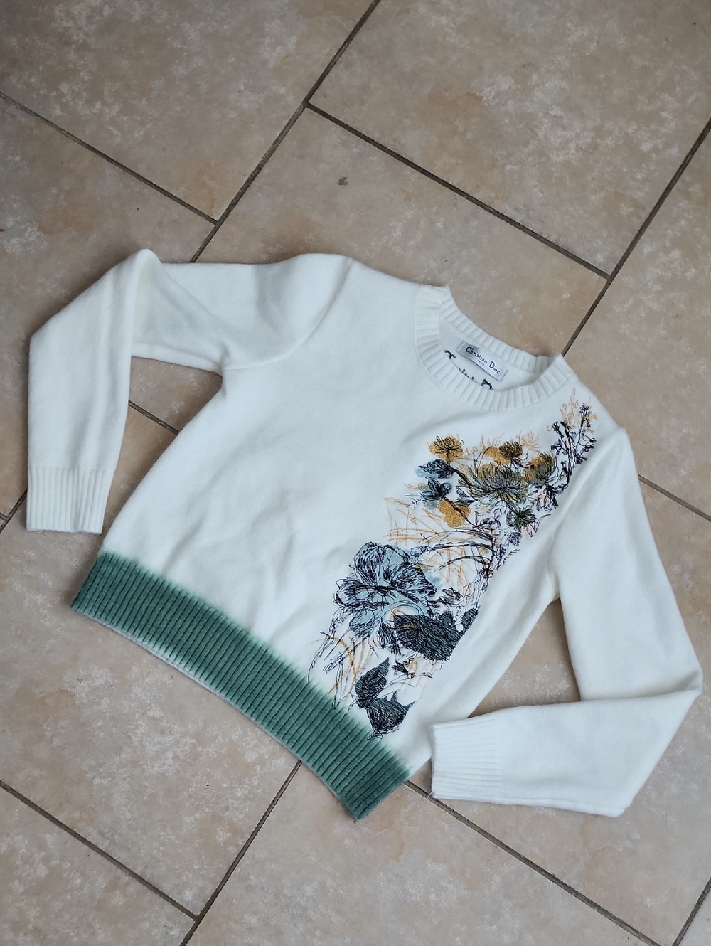 Dior White Floral Embroideres Accent Sweater with Green Hem - Dots Size Xs